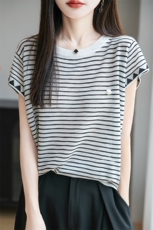 夏季新款竹节麻短袖T恤女圆领宽松条纹针织冰丝飞袖上衣打底衫薄，女装T恤，菲奥羊绒