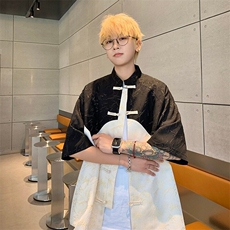 新中式风短袖衬衫男女同款2025夏季提花小众宽松中山装衬衣，男装T恤，星座218-1（原230）
