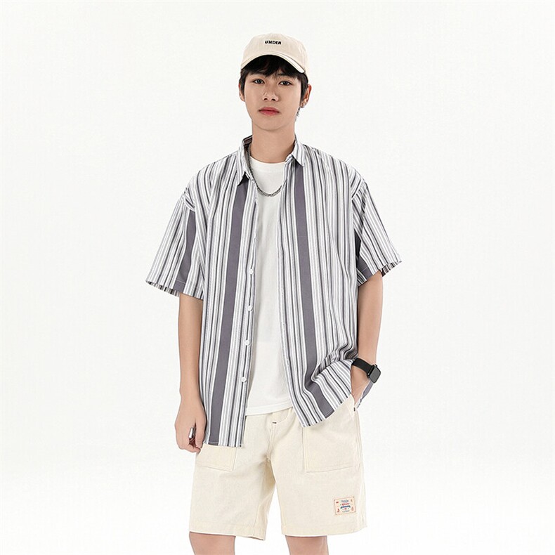 花衬衫男短袖夏季条纹休闲上衣服外套翻领大码衬衣A012/863P35,男装衬衫,电商A012