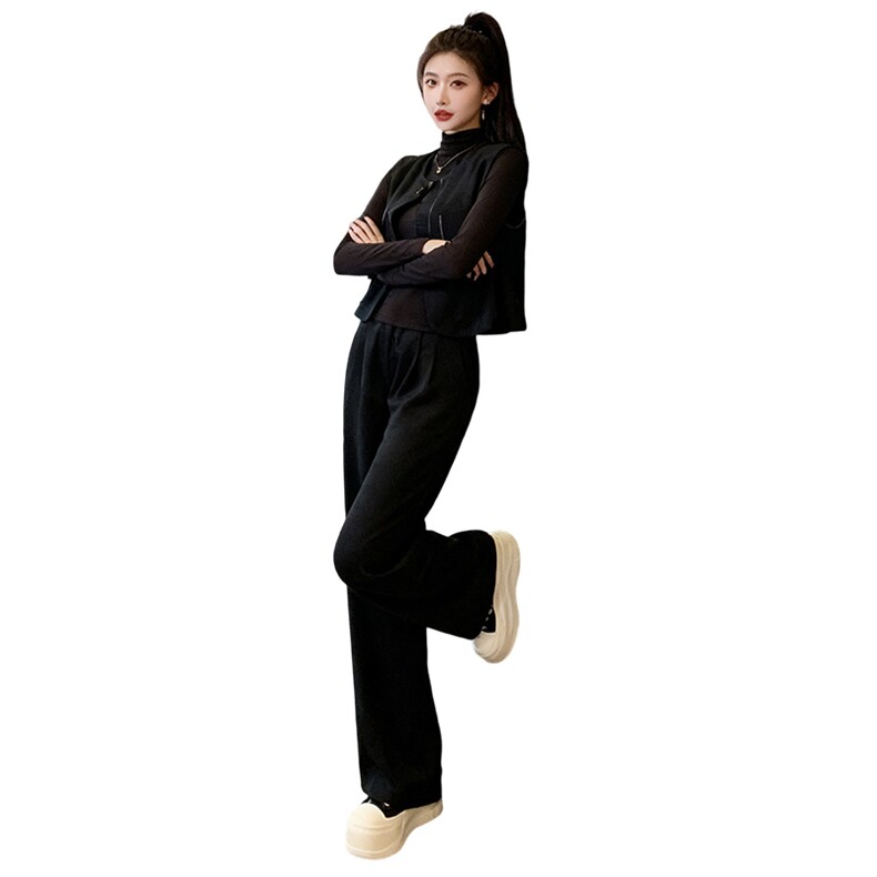 休闲运动套装女秋季新款显瘦马甲外套内搭深灰打底衫阔腿裤三件套,女装套装/套裙,2C310
