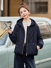 藏青色休闲连帽夹棉加厚外套女2025秋冬新款宽松时尚百搭保暖棉衣，女装棉衣/棉服，余墨