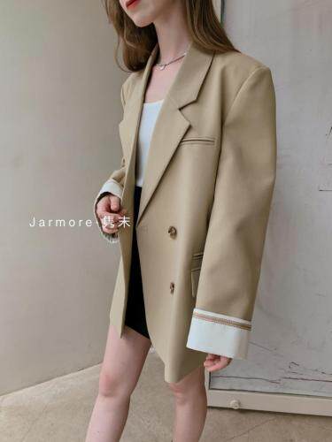 2021隽末秋款袖口拼接撞色西装外套。杏色蓝色Ｓ—，女装西装，Jarmore隽末