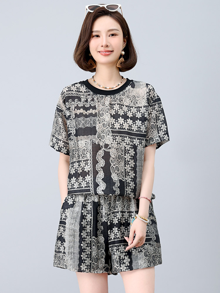 亚麻套装女2025年夏季新款时尚宽松中年妈妈大码棉麻短款两件套,女装套装/套裙,江忆布依