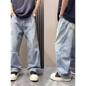 1506-1/KT11901/P51扎染泼墨牛仔裤美式高街潮牌复古水洗破洞男女图片