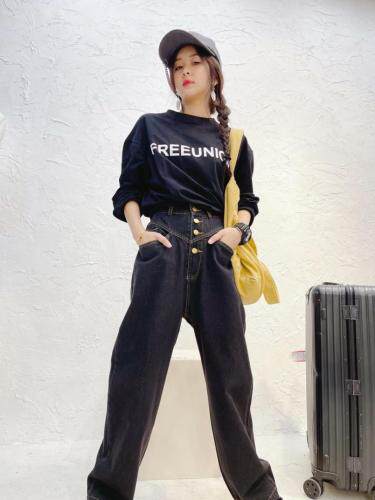 秋款四粒牛仔阔腿长裤，其它，玫瑰共和国