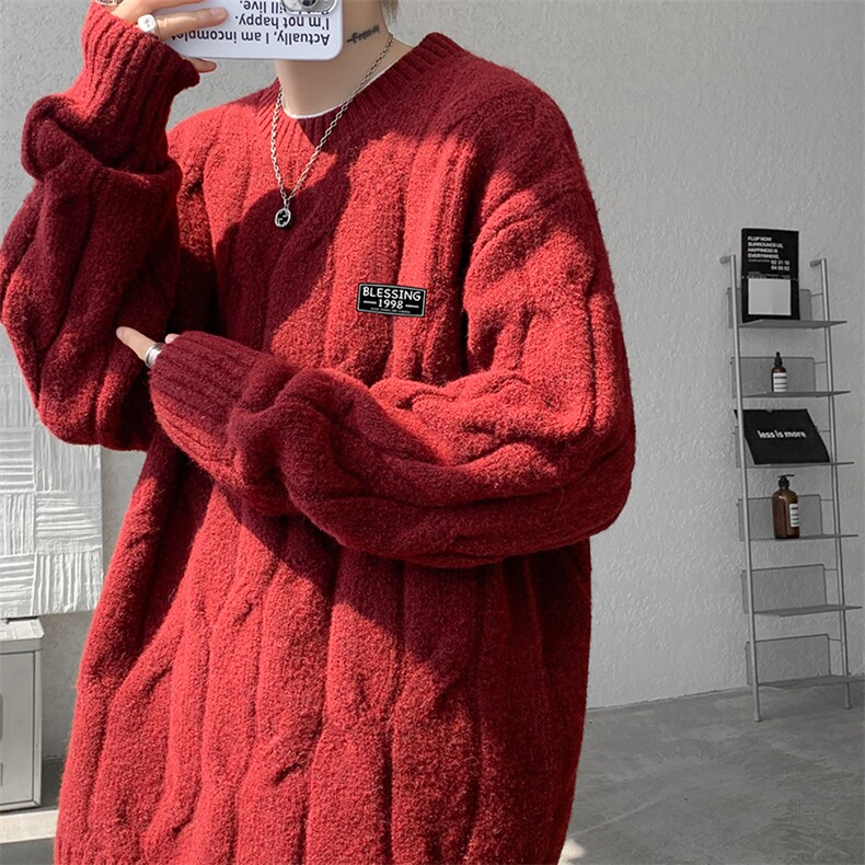 8XL-M圆领毛衣男秋冬慵懒风宽松情侣装麻花针织羊毛衫MY19004P68图片