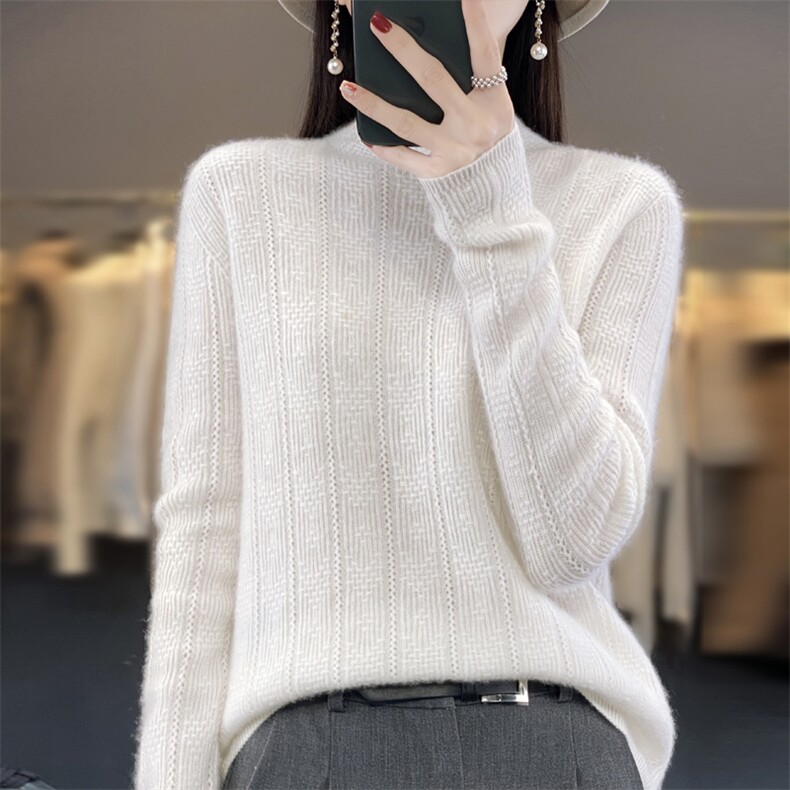 半高镂空花2024年秋季简约长袖时尚针织衫，女装针织衫/毛衣，鲁菏羊绒