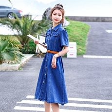 牛仔连衣裙女2025年夏季新款韩版中长款显瘦气质a字裙过膝衬衫裙，女装连衣裙，慧尚依恋