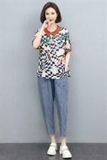 夏季新款舒适透气休闲套装时尚格子短袖上衣+宽松牛仔裤显瘦百搭两件套，女装套装/套裙，悦见她