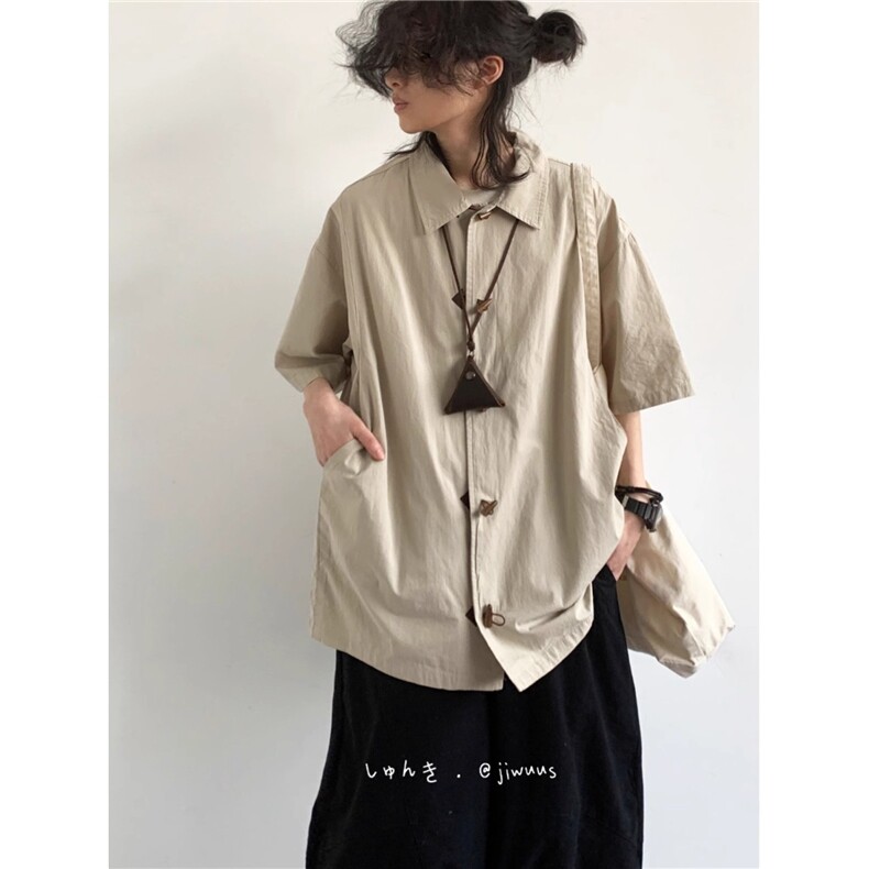 夏季新中式复古牛角扣设计感短袖衬衫男女生宽松休闲风上衣外套,男装T恤,星座1210-1