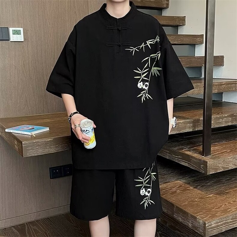 运动套装男夏季潮牌痞帅宽松短袖衬衫沙滩短裤休闲两件套,男装牛仔裤,星座716-3