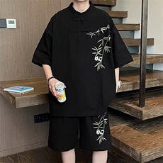 运动套装男夏季潮牌痞帅宽松短袖衬衫沙滩短裤休闲两件套，男装牛仔裤，星座716-3