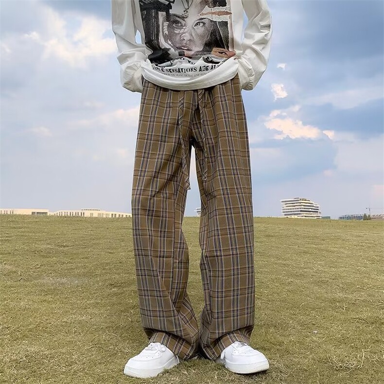 格子休闲裤男宽松直筒青少年设计感小众休闲阔腿拖地长裤K471-P30,男装休闲裤,星座1008-1