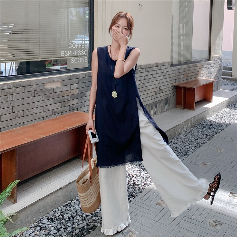夏日流行淡人高级感两件套女2025新款蓝色流苏背心罩衫阔腿裤套装,女装套装/套裙,秋水欣儿