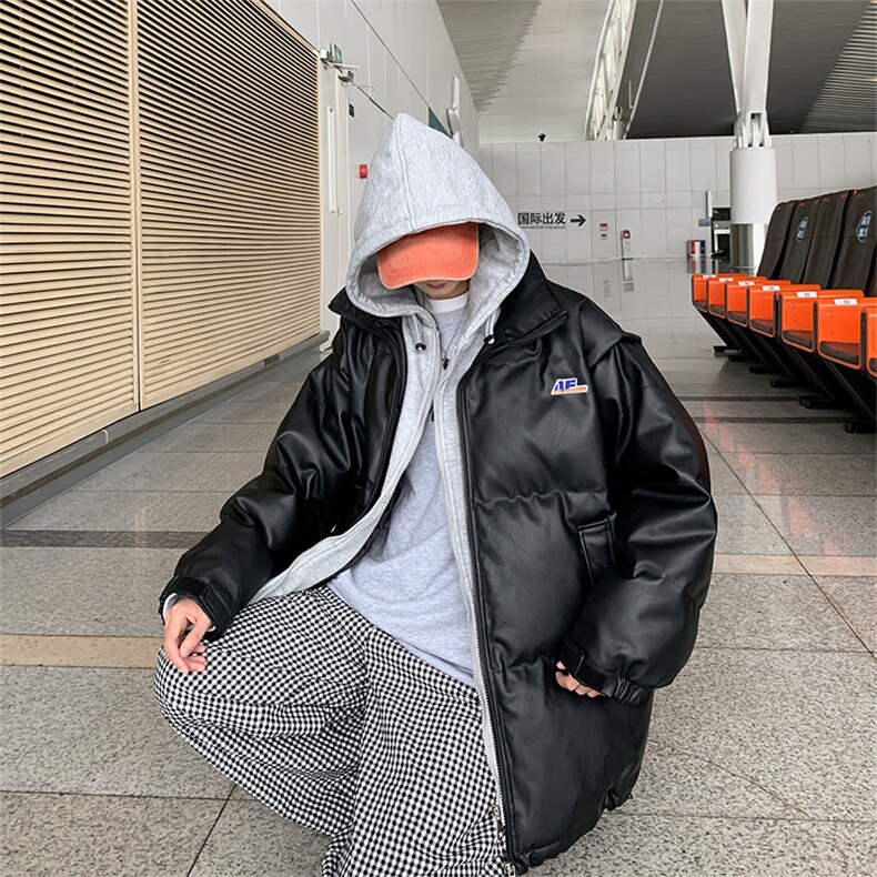 假两件棉衣男冬韩版宽松PU皮连帽棉服港风潮牌棉袄外套M0816-P90,男装棉衣,星座308B-1