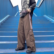 港风秋款男工装裤大口袋字母印花三条杠条纹抽绳束脚长裤h17P45，男装休闲裤，星座1013-1