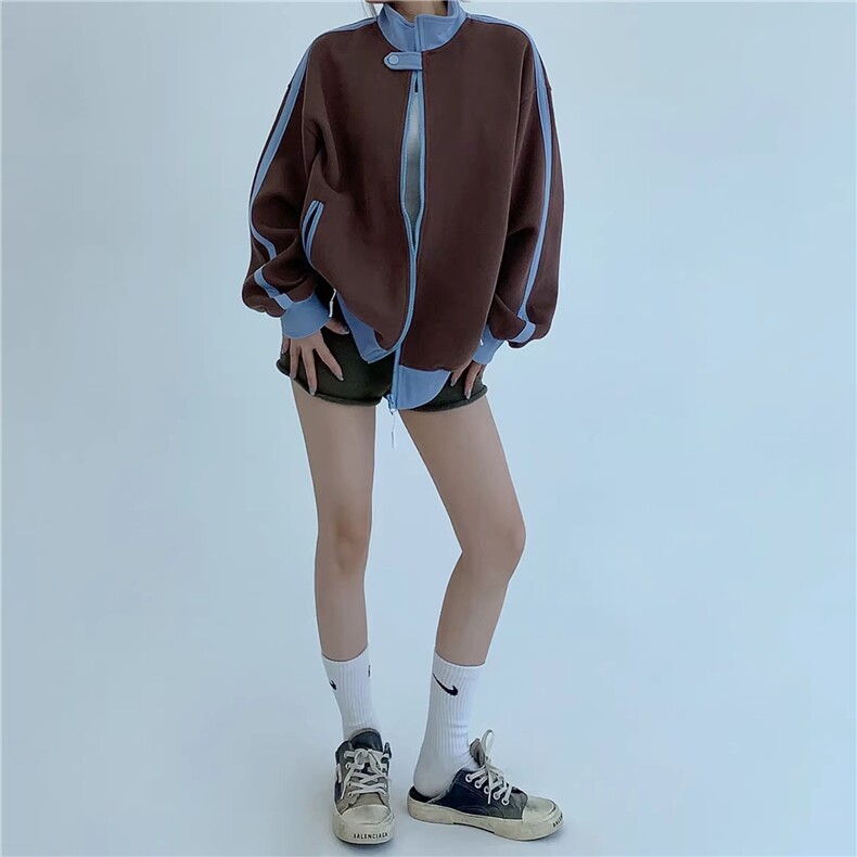 WY841-P65-450克美式慵懒chic新款复古撞色运动休闲立领卫衣外套,女装短外套,星座1811B