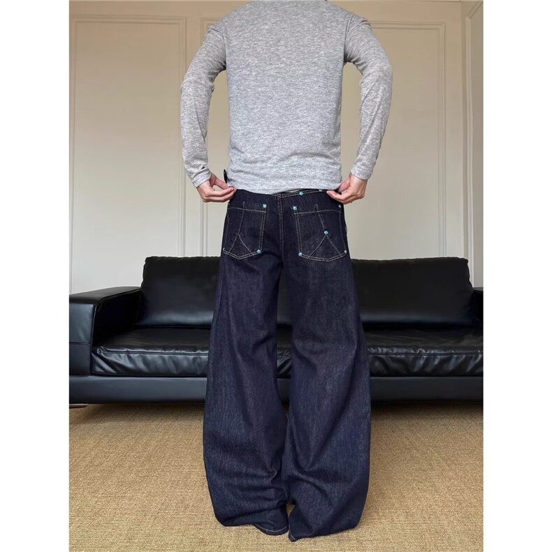 美式复古老钱风水洗牛仔裤宽松阔腿弯刀裤男女夏季cleanfit长裤子,男装牛仔裤,星座506A