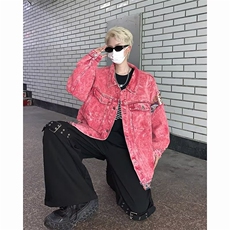水洗粉色牛仔外套男做旧休闲拼接夹克上衣1001-1-w046-P75，男装工装外套，星座1001-1