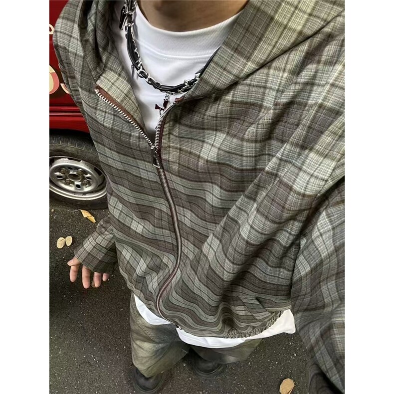 春秋复古氛围感美式格纹连帽夹克男外套宽松休闲格子上衣WJK913,男装夹克,星座208-5