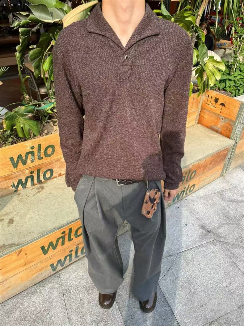 现货~老钱风罗马格意式一片领猫眼宝石扣polo长袖男~C25231批55,男装Polo衫,星座1411A-6