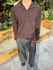 现货~老钱风罗马格意式一片领猫眼宝石扣polo长袖男~C25231批55，男装Polo衫，星座1411A-6