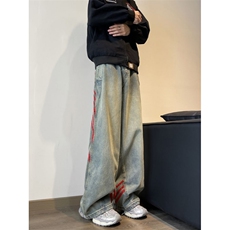织带条纹牛仔裤男hiphop美式复古水洗裤子秋季潮牌宽松阔腿长裤，男装牛仔裤，星座410-6（原星座1304-1）
