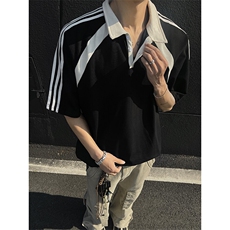 得物抖音高品二开240克纯棉美式高街痞帅翻领POLO织带短袖T恤，男装T恤，电商A486