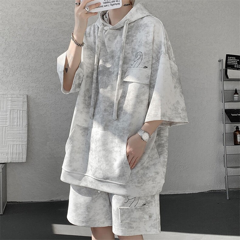 现货 TZ773-特批55 控88 设计感高质感套装连帽大码T恤短袖短裤图片