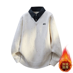 W25272-P60秋冬款翻领针织毛衣男潮牌加绒加厚卫衣外套时尚打底衫图片