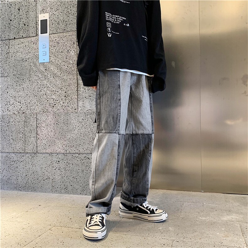 高街嘻哈潮牌水洗宽松直筒拖地老爹裤撞色中性牛仔裤男K290-P40图片