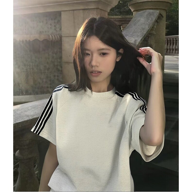 抖音得物品质二开240克宽松纯棉美式潮牌印花三条杠中性风短袖T恤,男装T恤,电商A486