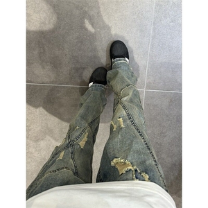美式做旧磨破牛仔裤宽松微喇高街线条vibe风长裤男女~D5518图片
