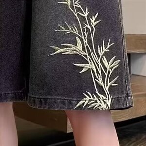 新中式竹叶刺绣牛仔短裤男夏季设计感高级国潮宽松休闲过膝五分裤图片