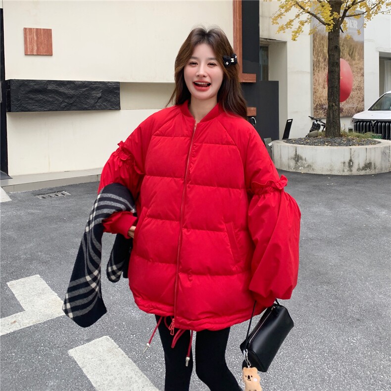 花边拼接白鸭绒棒球羽绒服女2025冬装保暖外套小个子跨年圣诞好看,女装羽绒服,艾米莉亚