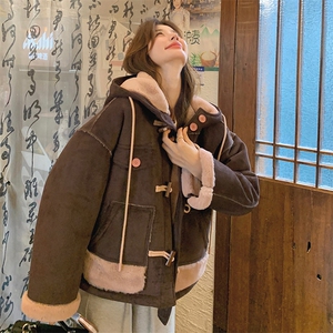 韩版加厚减龄连帽皮毛一体棉服女2025年冬季新款显瘦保暖加绒外套图片