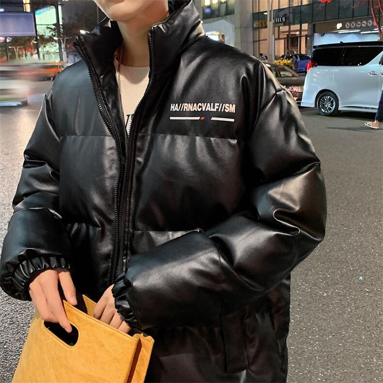 pu皮棉服男新款痞帅时尚羽绒棉衣ins潮牌宽松冬装棉袄男士外套图片