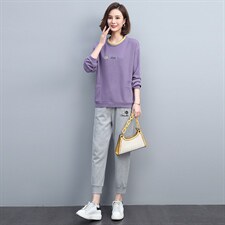 2022春季新款简约时尚休闲舒适撞色圆领宽松显瘦长袖两件套,女装套装/套裙,丽影随形
