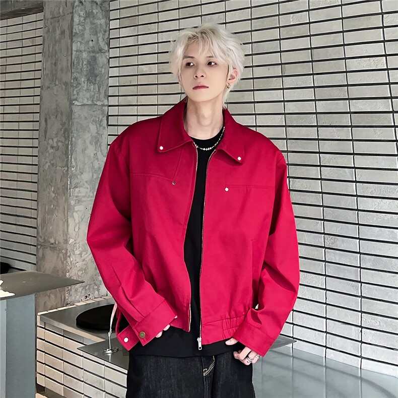 初春外套男女2025新款翻领金属手工铆钉红色夹克上衣潮JJK69-P68,男装夹克,电商C307