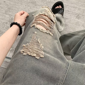 高街做旧废土色破洞牛仔裤男女复古小众直筒乞丐长裤RK3111-P42