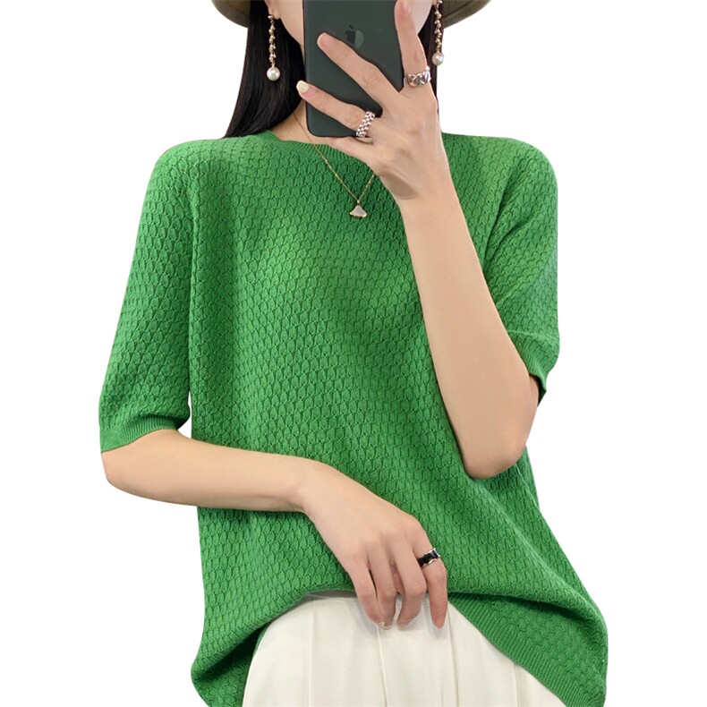 24夏季薄款100%纯棉T恤女宽松圆领纯色短袖百搭显瘦针织棉麻半袖,女装T恤,鹿一羊绒