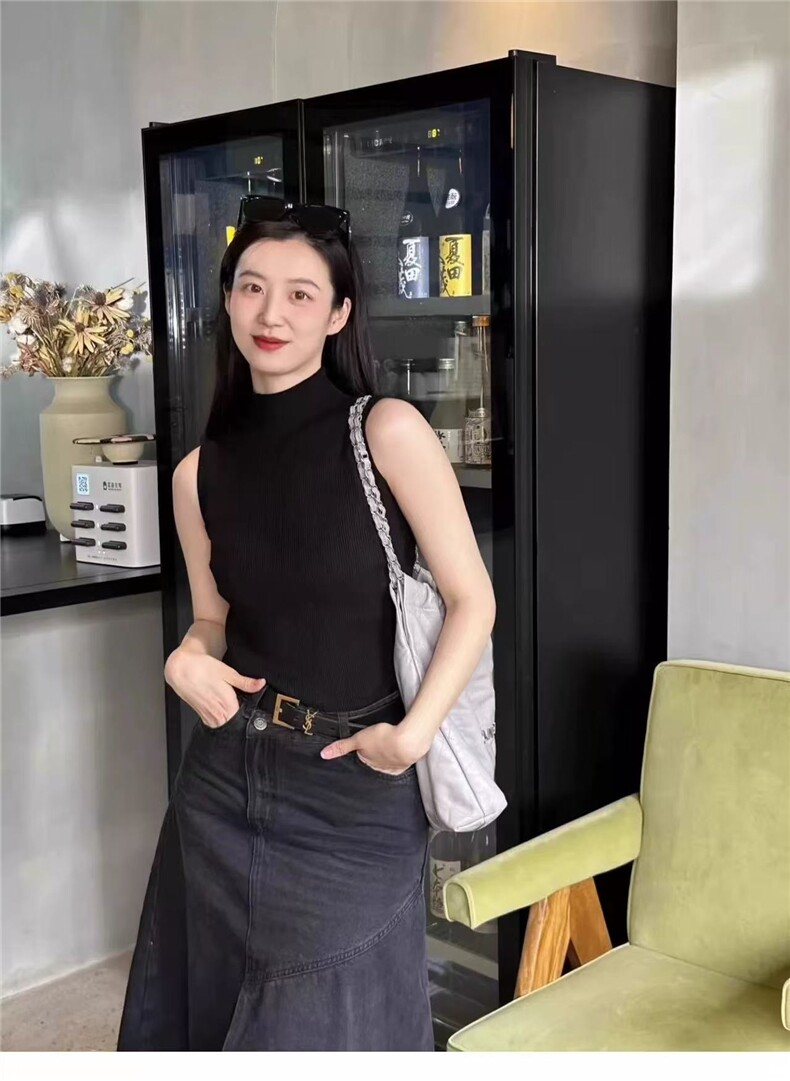 天丝无袖修身显瘦黑色百搭女士短袖,女装T恤,雪真羊绒