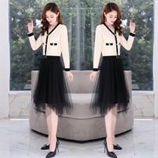 2021年秋季新款气质显瘦小香风假两件套针织连衣裙，女装连衣裙，金典明美