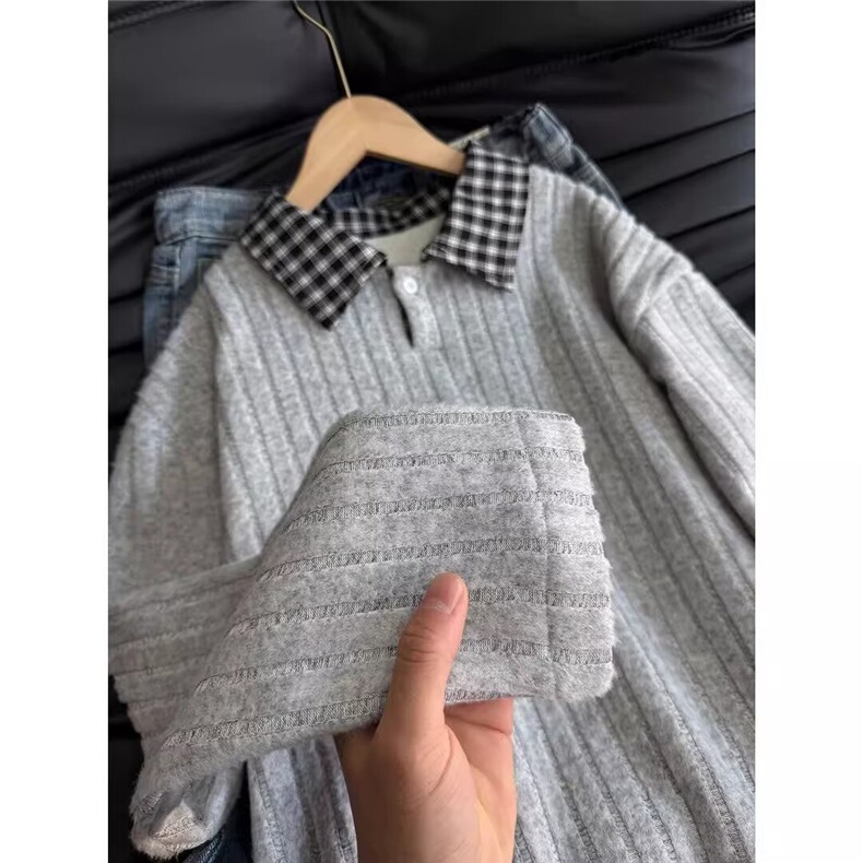 春秋季美式假两件格子拼翻领休闲卫衣男女同款POLO领潮L33799-P37,男装Polo衫,星座1008