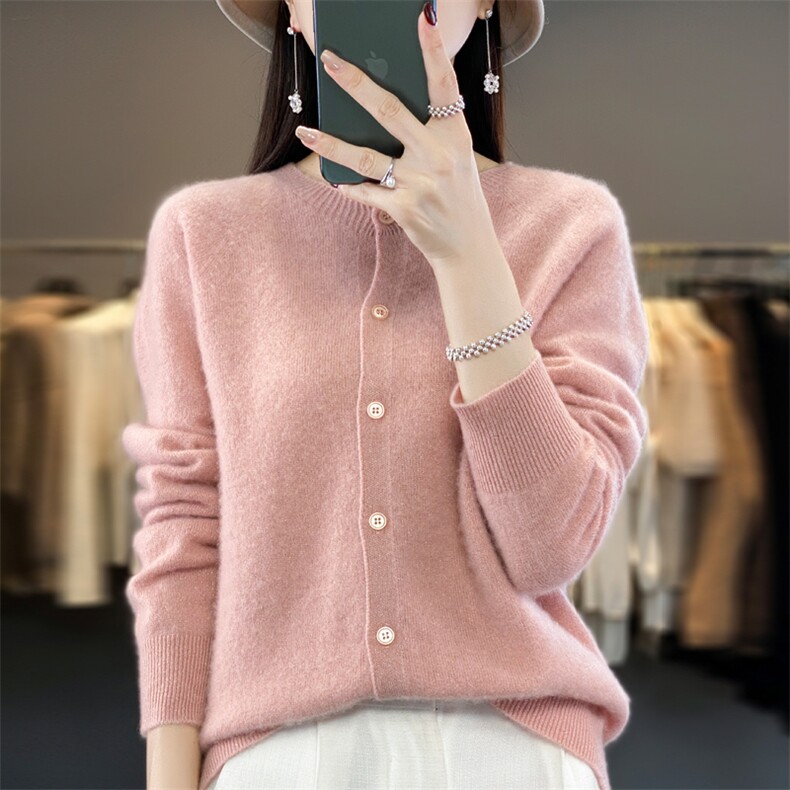 25新款100%纯羊毛开衫女POLO领针织羊绒衫外套宽松纯色长袖打底衫,女装羊毛衫,鲁菏羊绒