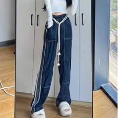 1038-P45高腰抽绳拼接美式辣妹2025秋冬韩版百搭高街显瘦阔脚裤，男装休闲裤，电商B323A