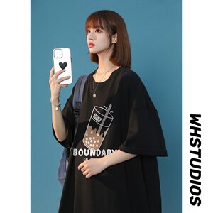 港风 2026夏季新品奶茶印花圆领休闲七分袖短袖T1094 P25-控38---图片