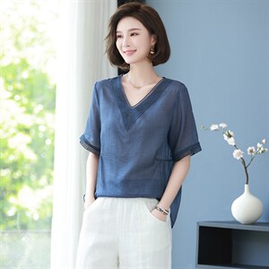夏季棉麻女上衣妈妈苎麻小衫2025年新款休闲宽松薄款减龄亚麻衬衫图片