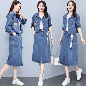 欧洲站牛仔套装女2024春秋新款休闲时尚洋气减龄外套半身裙两件套图片