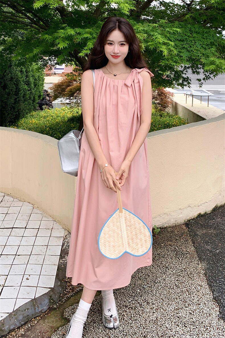 粉色法式系带无袖连衣裙女2025夏新款宽松显瘦遮肉后背镂空背心裙,女装连衣裙,2C236